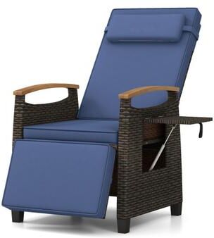 Costway Patio Wicker Recliner Chair with Adjustable Backrest and Footrest-Navy
