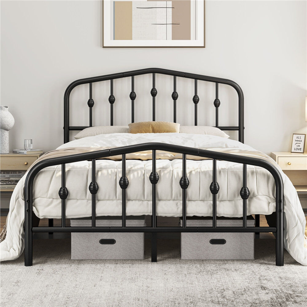 Yaheetech Metal Bed with Arched Headboard and Footboard Black Double (4'6)