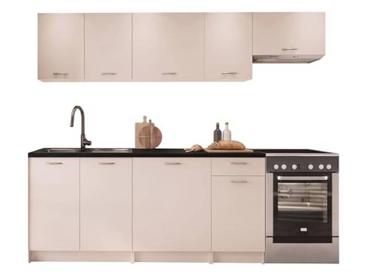 Mirjan24 Küchenzeile Mela 240 (Cashmere/Schwarz, ohne LED) Küchenmöbel-Set mit Ober- und Unterschränken, Spülenschrank, Schublade und Arbeitsplatte für eine kompakte Küche