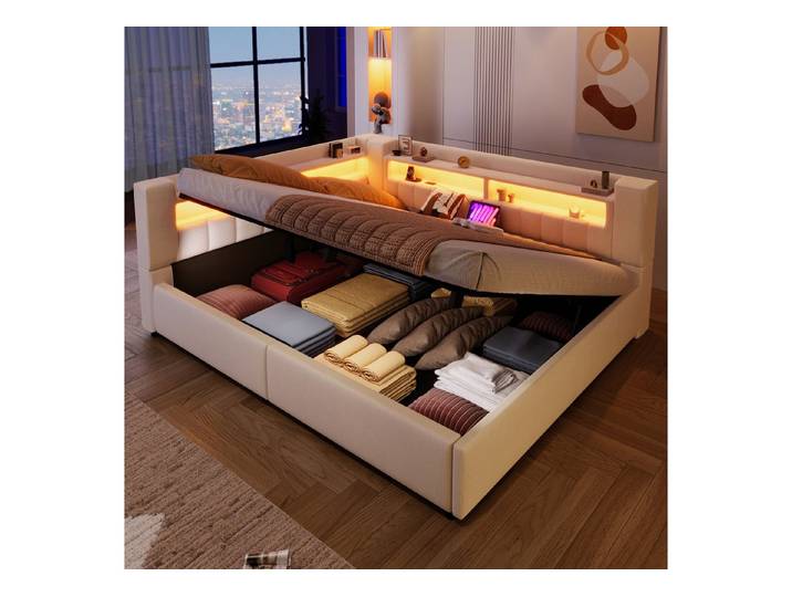 Flieks Polsterbett, Hydraulisches Daybett 140x200cm mit Ladefunktion und LED-Beleuchtung