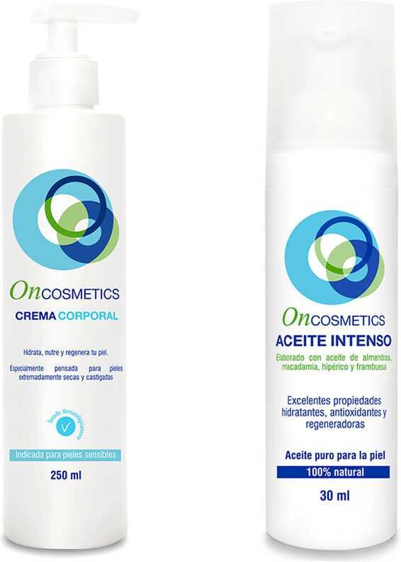 Pack Óleo oncológico Oncosmetics Reparador intensivo zonas delicadas 30ml + Creme corporal oncológica Oncosmetics Dermoprotectora hidratante 250ml: Linha cosmética para pessoas em tratamento oncológico