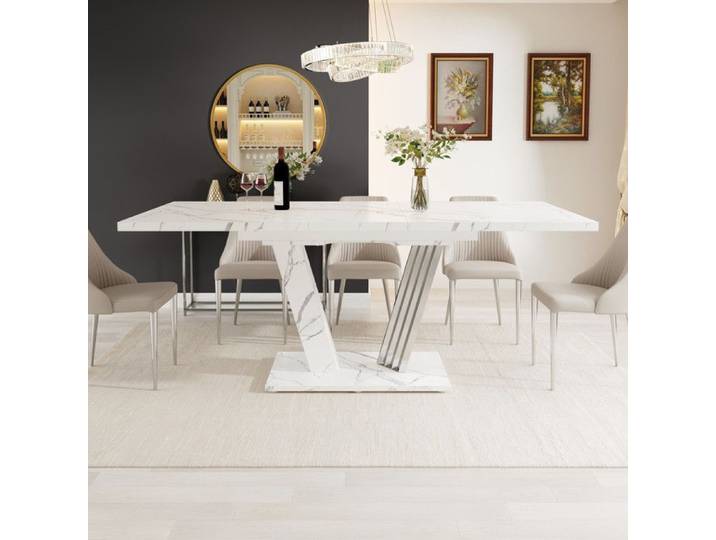 Table extensible avec plateau en marbre 120-160x80x76 cm-table de cuisine avec feuille extensible et support papillon - Blanc