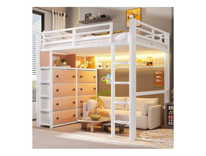 REDOM Hochbett mit integriertem Stauraum (8 Schubladen, Regalen, Lochwand und LED-Beleuchtung für maximale Raumnutzung, 1-St., 140x200)
