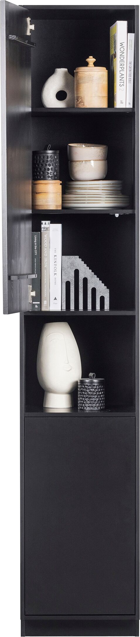Vitrine WOOOD "Finca FSC-Kiefernholz mit Druckmechanismus, H 210 x B 40 x T 40 cm", schwarz, B:40cm H:210cm T:40cm, Holzwerkstoff, Schränke, Vitrine, Tragkraft 10 kg pro Boden, schwebende Optik, sichtbare maserung schwarz B/H/T: 40cm x 210cm x 40cm