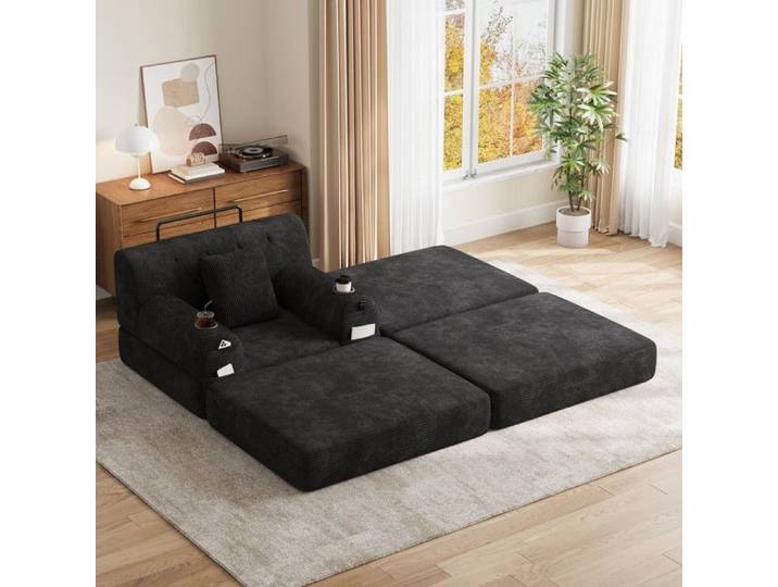 Fauteuil convertible 1 place avec pouf - LEMONBEST - 107x162x81 cm - Velours côtelé noir - Cadre métal - 2 porte-gobelets