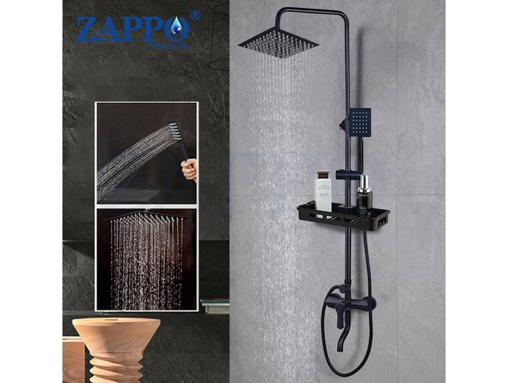 ZAPPO – ensemble de douche de salle de bain noir mat, système de douche mural à 3 voies avec étagère de douche, mitigeur de baignoire pivotant