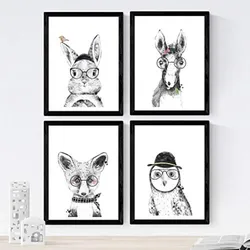 POSTER Set mit 4 Kinder Tiere mit Gläsern A4 Schwarzer Rahmen