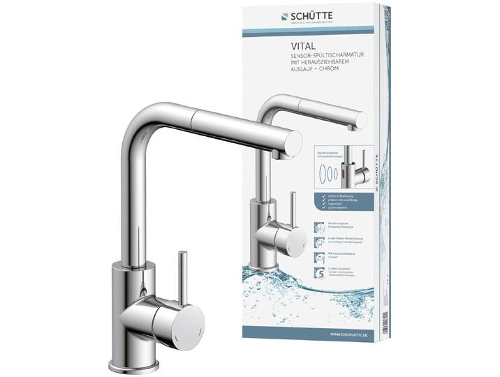 Spültischarmatur SCHÜTTE VITAL , silber (chrom), B:6cm H:31,5cm T:27,5cm, Zink, Armaturen, Spültischarmatur, Infrarottechnologie/Cold-Start-Fkt./360 schwenkbar /Eco-Click-Fkt.