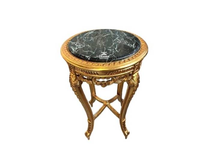 CasAmin Home & Living Runder Beistelltisch aus Holz im Retro Barock Rokoko Stil Handgefertigt mit Grünlicher Marmorplatte Couchtisch mit Gold Finish Beistelltisch für die Wohnzimmerdekoration