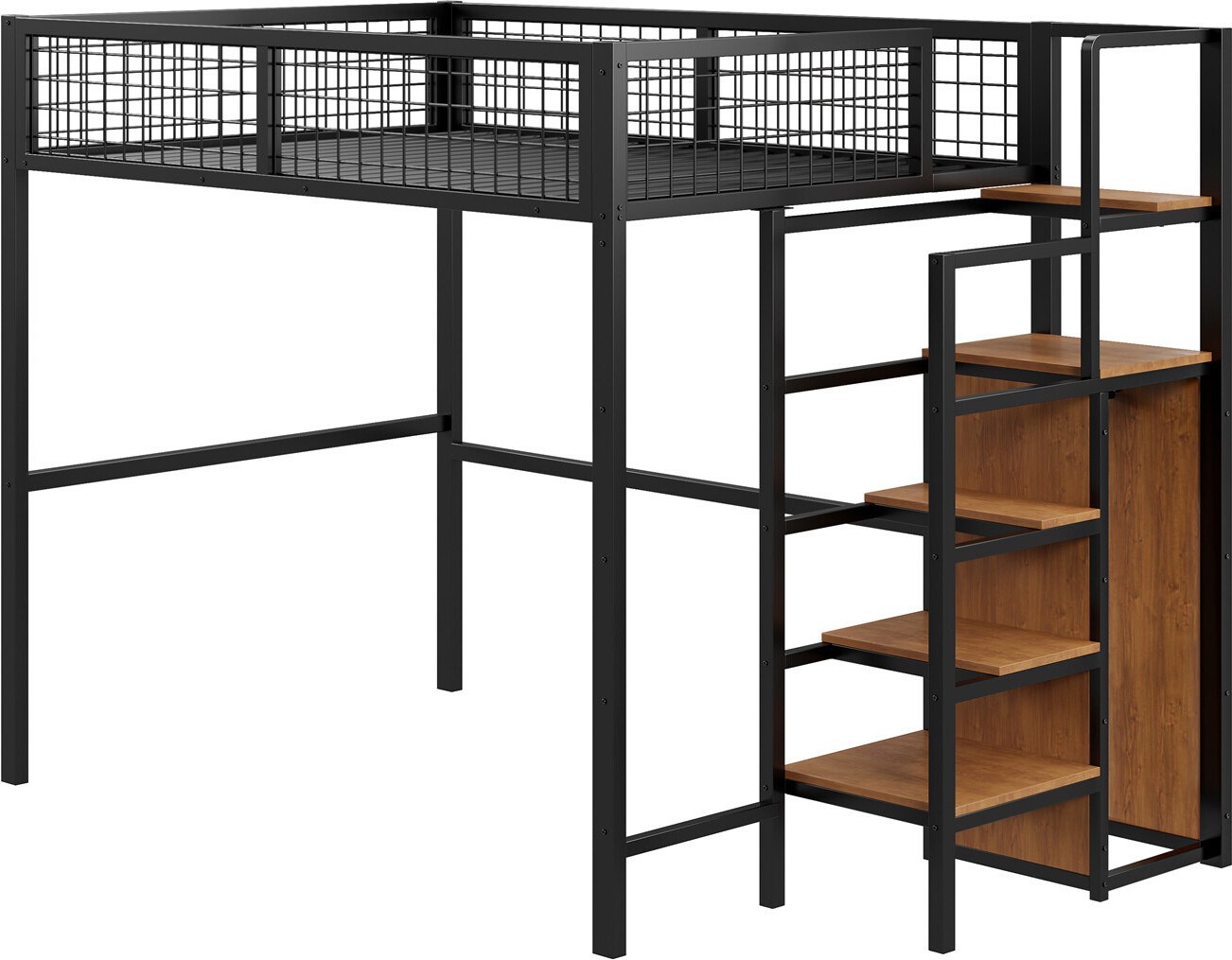 Hochbett 140*200 mit Leiter, Kinderbett mit Eisenrahmen und Aufbewahrungsregal, Kleiderschrank