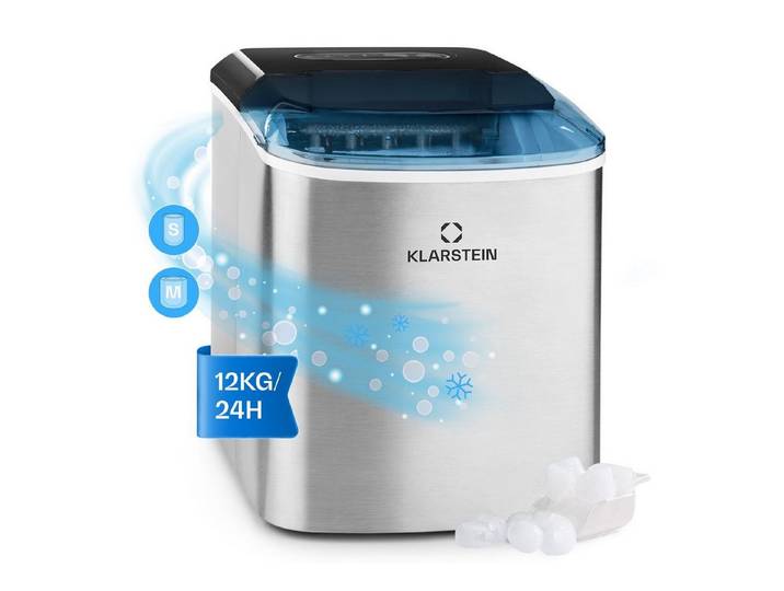 Klarstein Eiswürfelmaschine On-The-Rocks Eiswürfelbereiter, Edelstahl Bulleteis für Zuhause 12kg/Tag LED 2,1 L Eiswürfelgerät