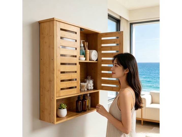 Armoire de rangement en bambou, étagères murales modernes pour la décoration murale, armoire de rangement murale en bambou, armoire murale à double porte, organisateur de salle de bain à 3 niveaux