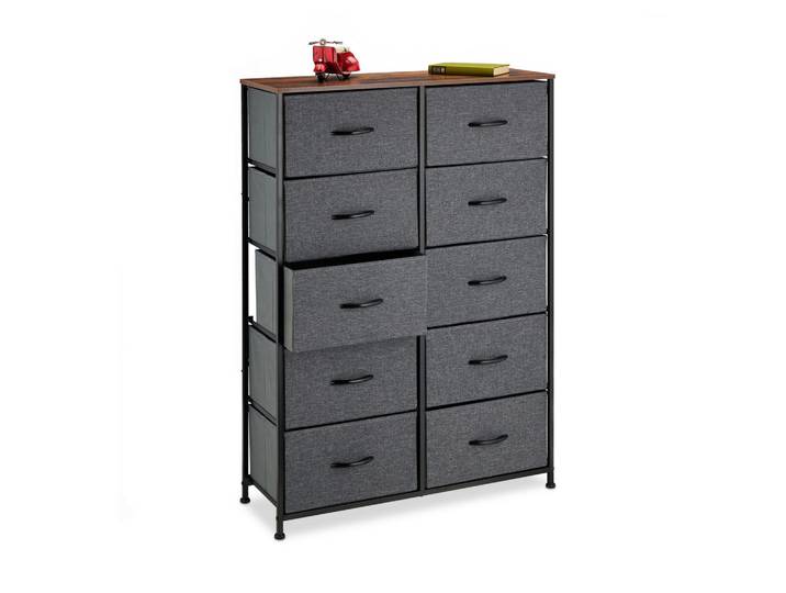 Relaxdays Kommode Dunkelgrau 10-Schubladen Stoff Metall, Mehrfarbig, Metall, 85.5x120x30 cm, Kleinmöbel, Kommoden, Highboards
