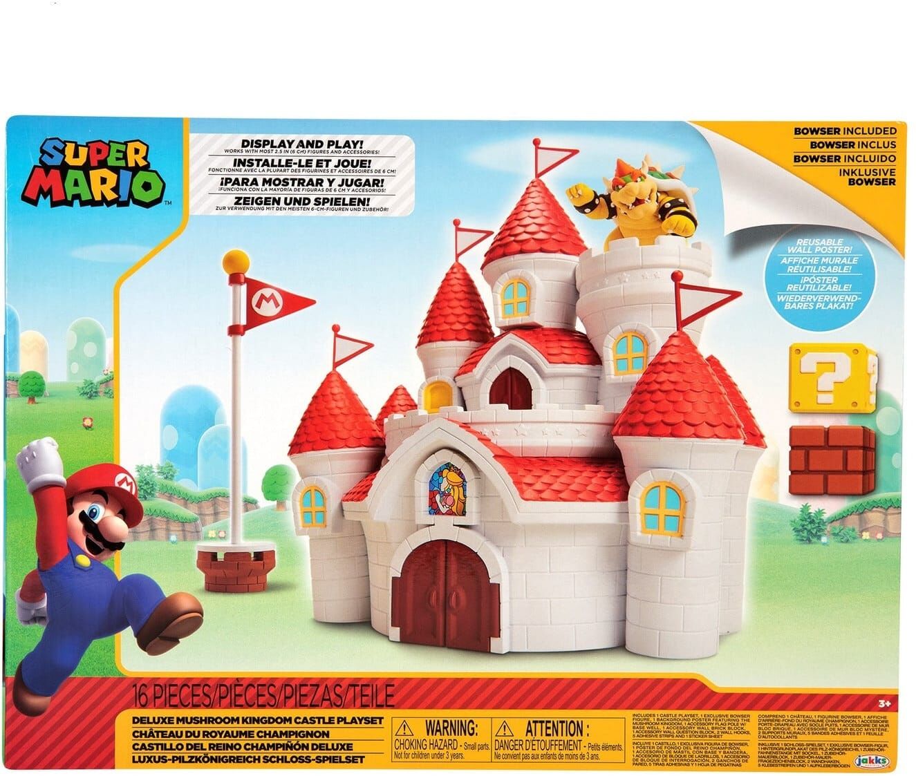Super Mario Mushroom Kingdom Castle Playset with Bowser by Jakks Pacific - 2.5-inch Figures Compatible - White/Red Color