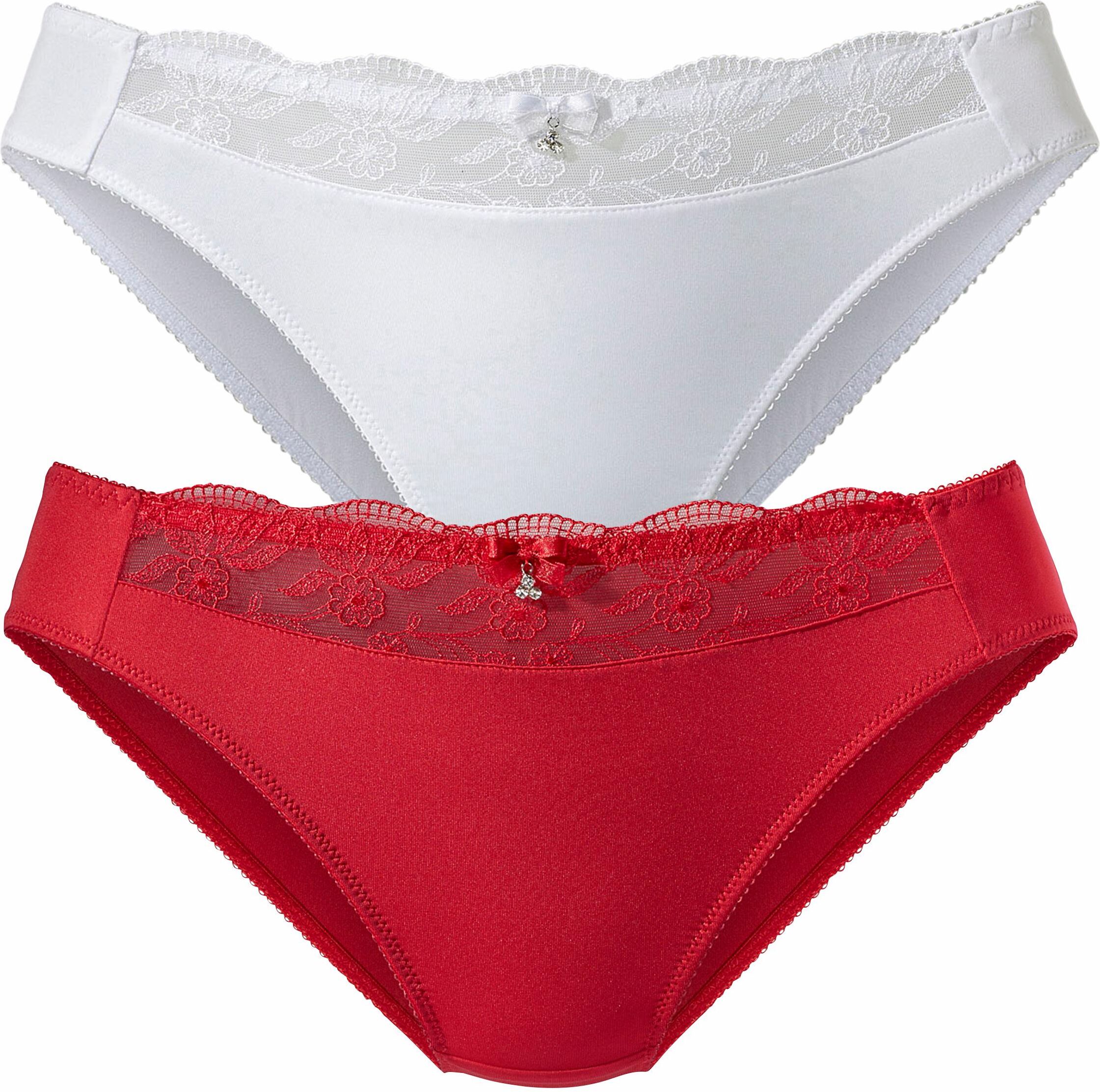 Slip NUANCE BY LASCANA, Damen, Gr. 52/54, rot (rot, weiß), Obermaterial: 92% Polyester, 8% Elasthan, Unterhosen Slip, mit schöner Stickereispitze, als Dessous-Set kombinierbar rot, weiß 52/54