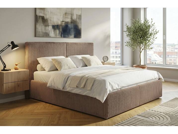 Polsterbett GOODPRODUCT AVVRA wahlweise mit Lattenrost und King-Matratze H3 (28cm) , hellbraun, B:201cm H:118cm L:220cm, Betten, Polsterbett, mit flauschigen Breitcord-Bezug, Liegefläche 180x200cm