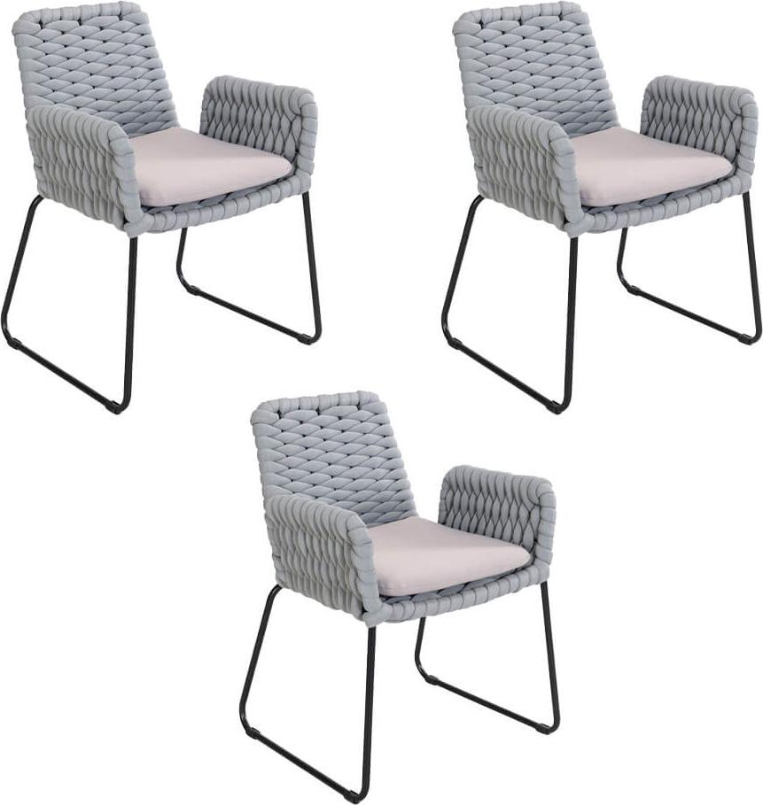 HOME DELUXE Gartenstuhl mit Armlehnen aus Seilgeflecht BALERO Hellgrau - 3er Set | Seilbespannung, Seilgewebe, Outdoor-Stuhl, Robust, Sitzkomfort, Aufwendig gefertigtes Flechtmuster