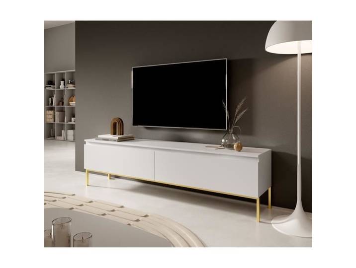 Meuble TV - SELSEY - Bemmi - Blanc - 175 cm - Style Scandinave Moderne - Pieds dorés