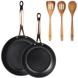 BERGNER - Set aus 2 Pfannen Ø20/24 cm aus geschmiedetem Aluminium Schwarz Matt mit Set aus 3 Küchenutensilien aus Akazienholz