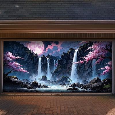 Japanischer Zen-Wasserfall, rosa Kirschblüten, Mond, Garagentorbanner, Naturlandschaft, Bergfluss, Außenwanddekoration, Hausfassade, Garten, Feiertagswandbild, Hintergrund