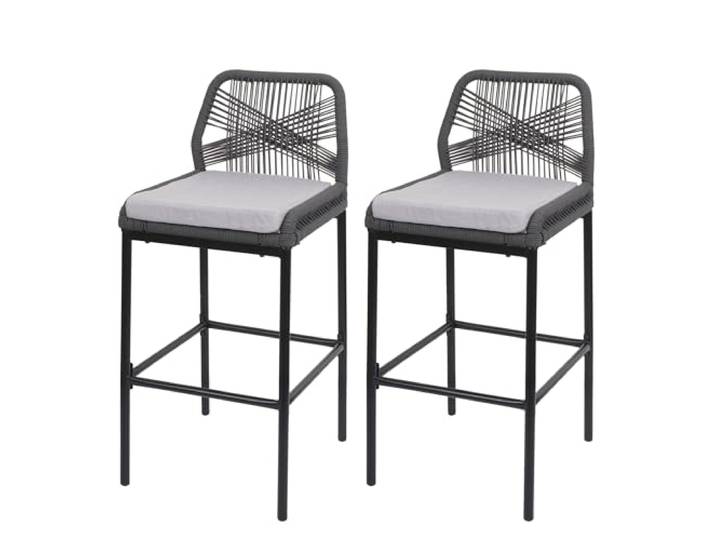 Mendler 2er-Set Barhocker HWC-O21 Metall - anthrazit, Kissen hellgrau Outdoor, Sitzpolster, Rope-Barhocker, Seilgeflecht