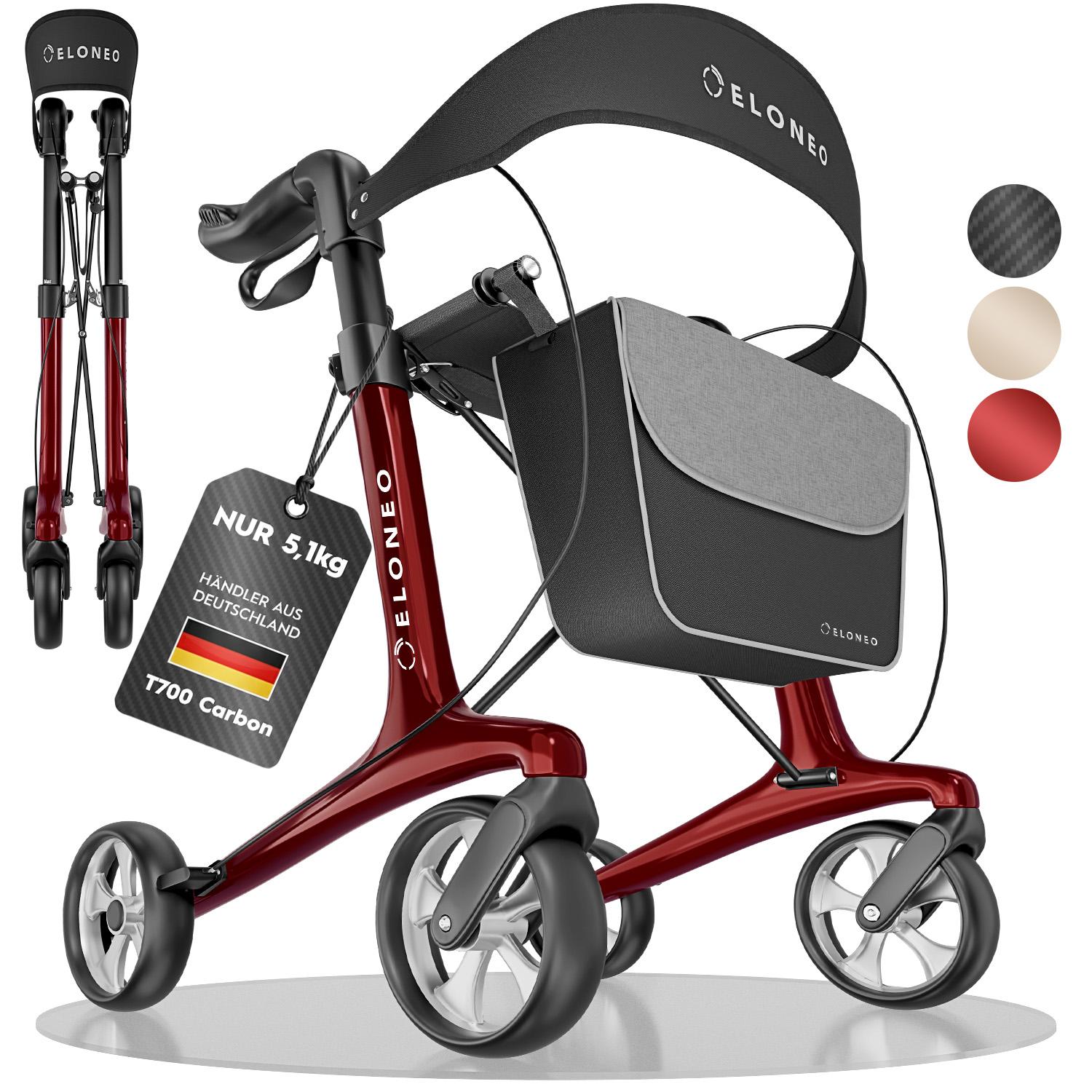 ELONEO Carbon Rollator faltbar und leicht mit Sitz, Leichtgewicht-Reiserollator, ultraleicht, Rot - Größe M