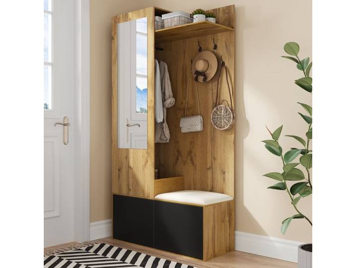 Ensemble de Vestiaire Comprenant 5 Patères Meuble D'entrée Miroir Armoire à Chaussures Armoire Encastrée avec étagère Supérieure