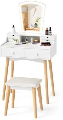 Costway Vanity Desk Set with 3-Color Adjustable LED Lighted Mirror and Drawers-White
