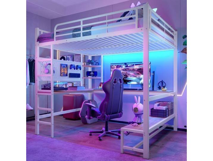 Lit Mezzanine - SOGEU - Lit Mezzanine 140x200cm - Bureau intégré - LED & USB/Type-C - Métal blanc