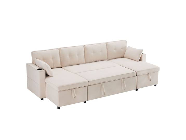 Canapé-lit en u aspect lin beige