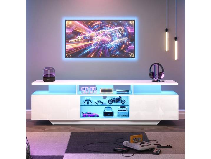 Meuble TV 160x40x45 cm brillant avec LED et 8 étagères MDF pour téléviseurs 70 pouces