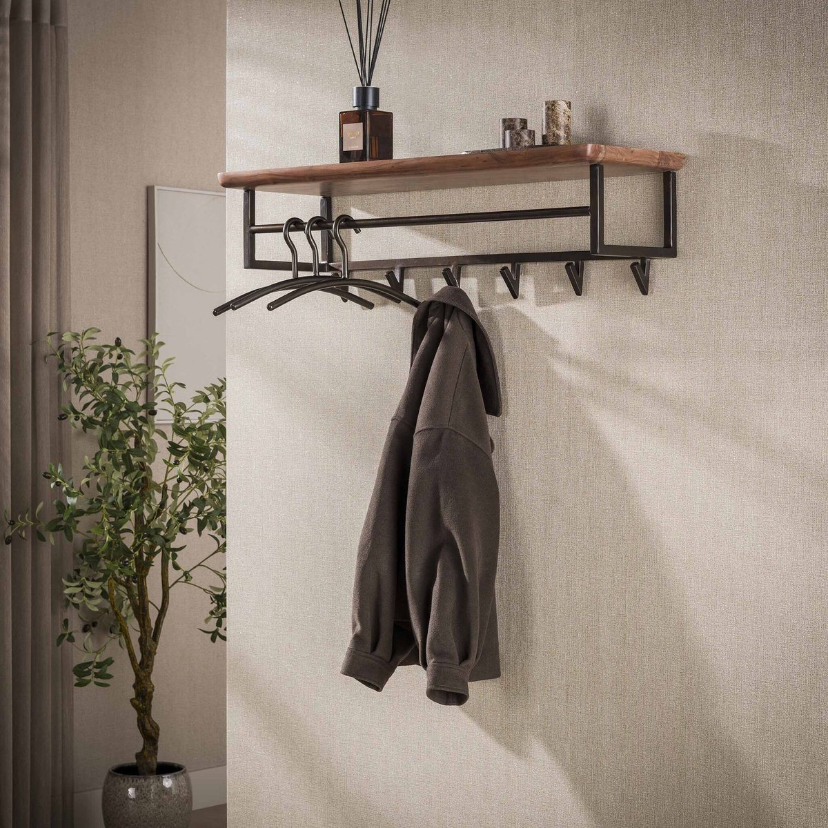 PS-Collection Edge Curve Wandkapstok van Acaciahout en Metaal met 6 Haken - Bruin