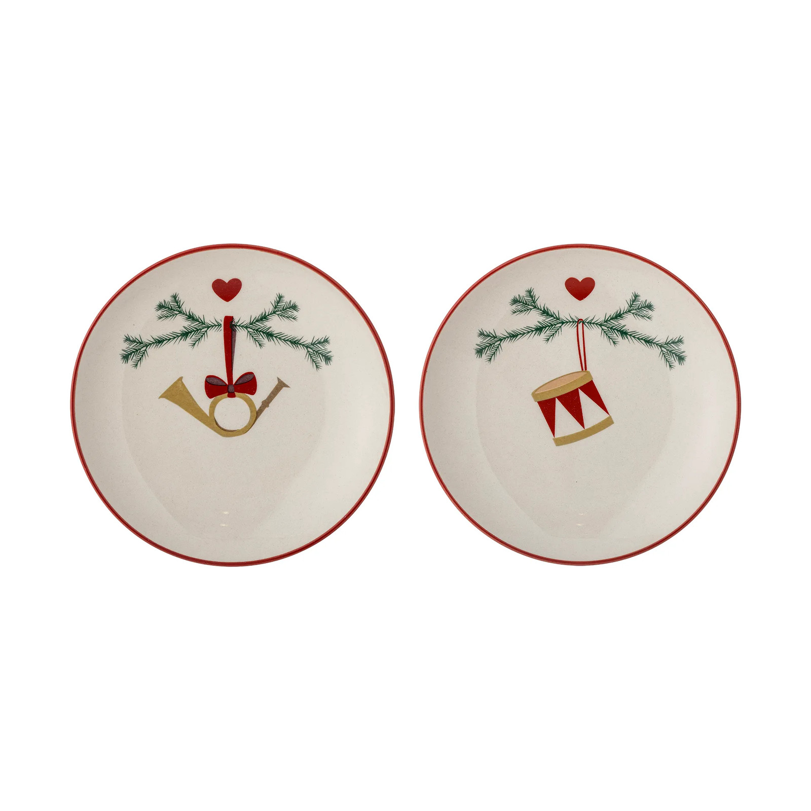 Bloomingville Yule dessertborden, 2-stuks, wit en rood, keramiek, Ø 16 cm