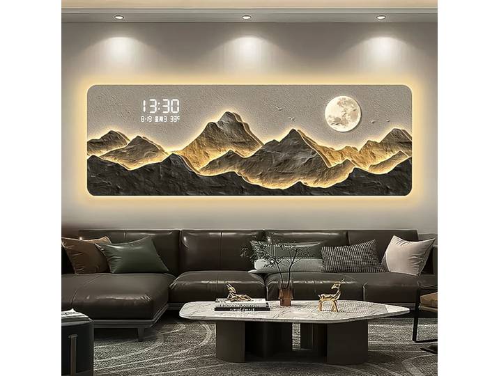 Peinture de décoration de salon haut de gamme, horloge électronique numérique LED, peinture suspendue de lumière d'ambiance arrière de montagne, 2025
