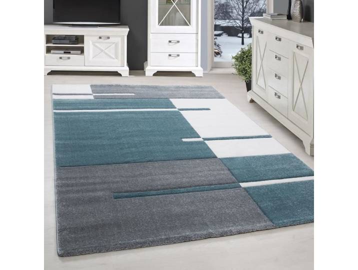 Tapis design moderne salon contour Cut motif Karated bleu gris [200x290 cm]
