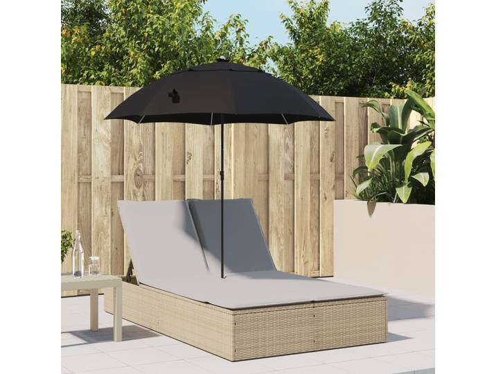 vidaXL Doppel-Sonnenliege mit Kissen & Sonnenschirm Beige Poly Rattan