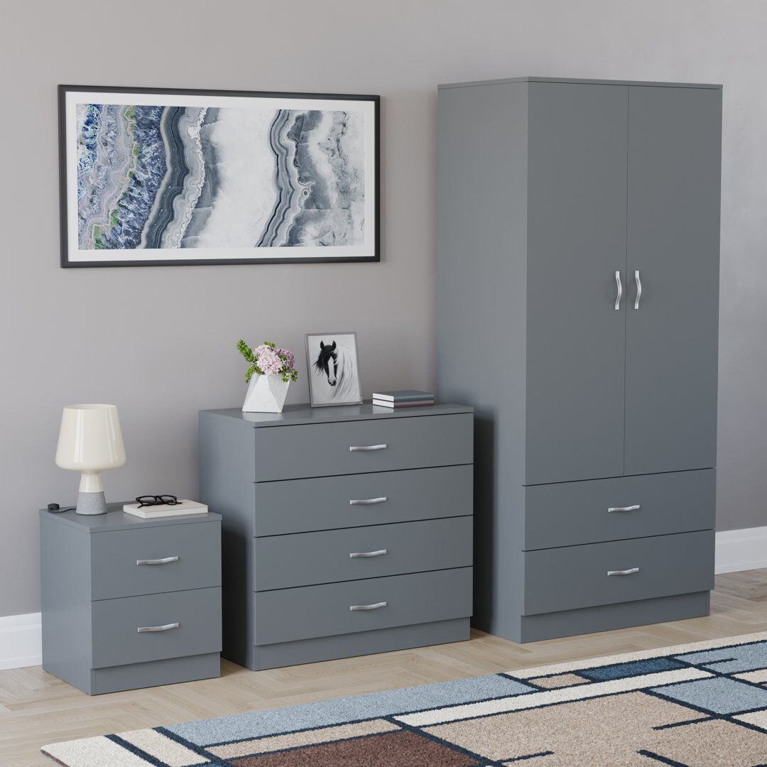 17 Stories Maybery 3 Piece Bedroom Set (2 Drawer Bedside Chest, 4 Drawer Chest, 2 Door 2 Drawer Wardrobe), (4) Grey