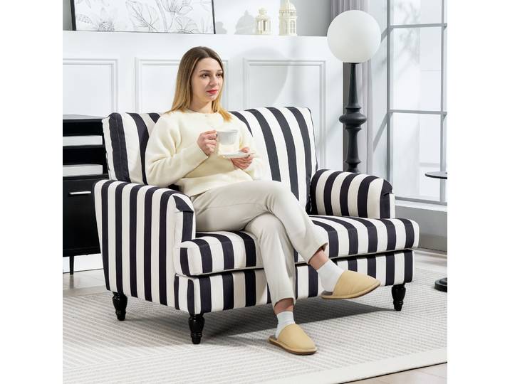 HOMCOM Fauteuil Salon Velours Rayé 115x82x82 cm Noir Blanc