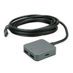 Value USB3.2 Gen1 Hub w. Extension (USB-C, 4 Ports), Dockingstation + USB Hub, Schwarz