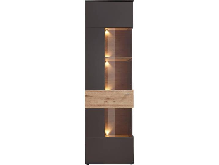 Vitrine FORTE Como , grau (grau, eichefarben), B:60,4cm H:203,3cm T:41,3cm, Holzwerkstoff, Schränke, Vitrine, Vitrine, Glastüre, LED Beleuchtung, Soft Close Linksanschlag