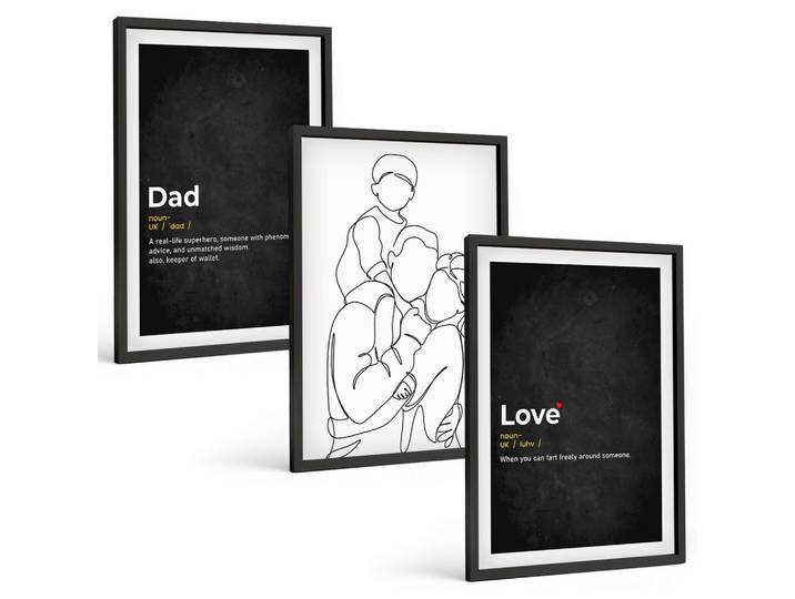 BILDER SET 3er Set - 40x60 cm Schwarzer Rahmen - Familiengeschichte, Kunst, Liebe, Vaterschaft