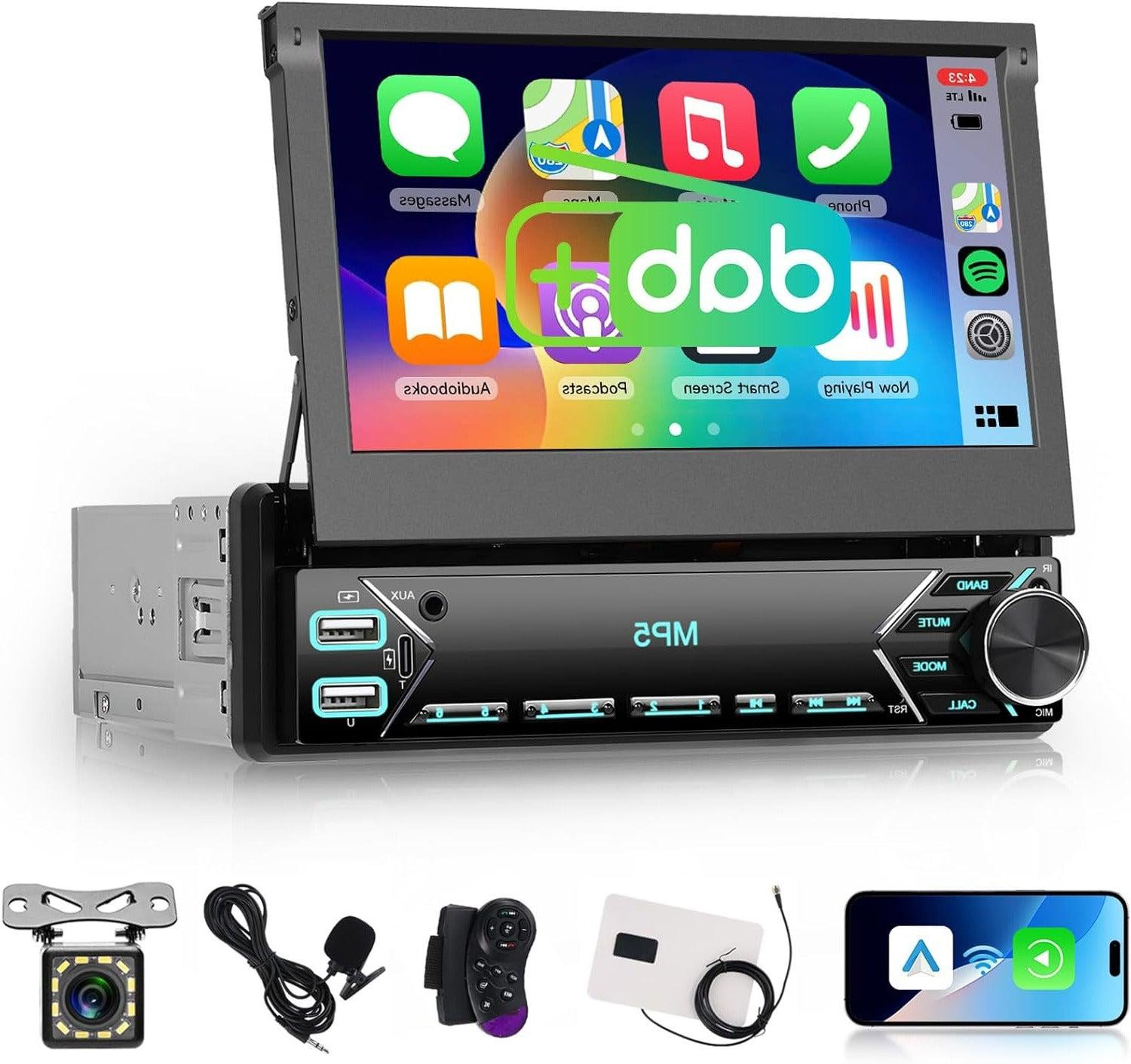 Selius 1DIN Autoradio met 7 Inch Touchscreen, DAB Radio, Draadloze CarPlay en Android Auto en Achteruitrijcamera