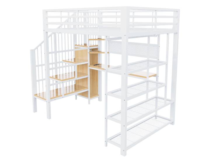 Lit Mezzanine 140x200 Cm Métal Et Bois Avec Bureau\, Rangements\, Led Et Prises Homvra