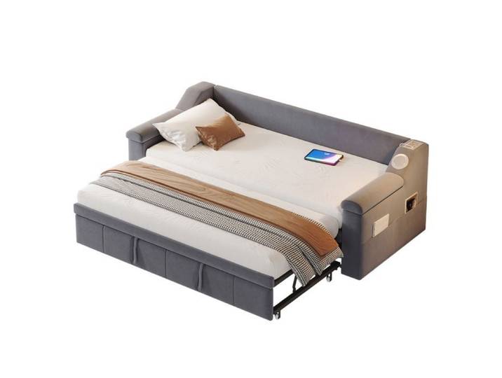 ULEVR Lit rembourré canapé-lit 90x190 cm extensible 180x190 cm gris en velours avec Bluetooth USB et rangements