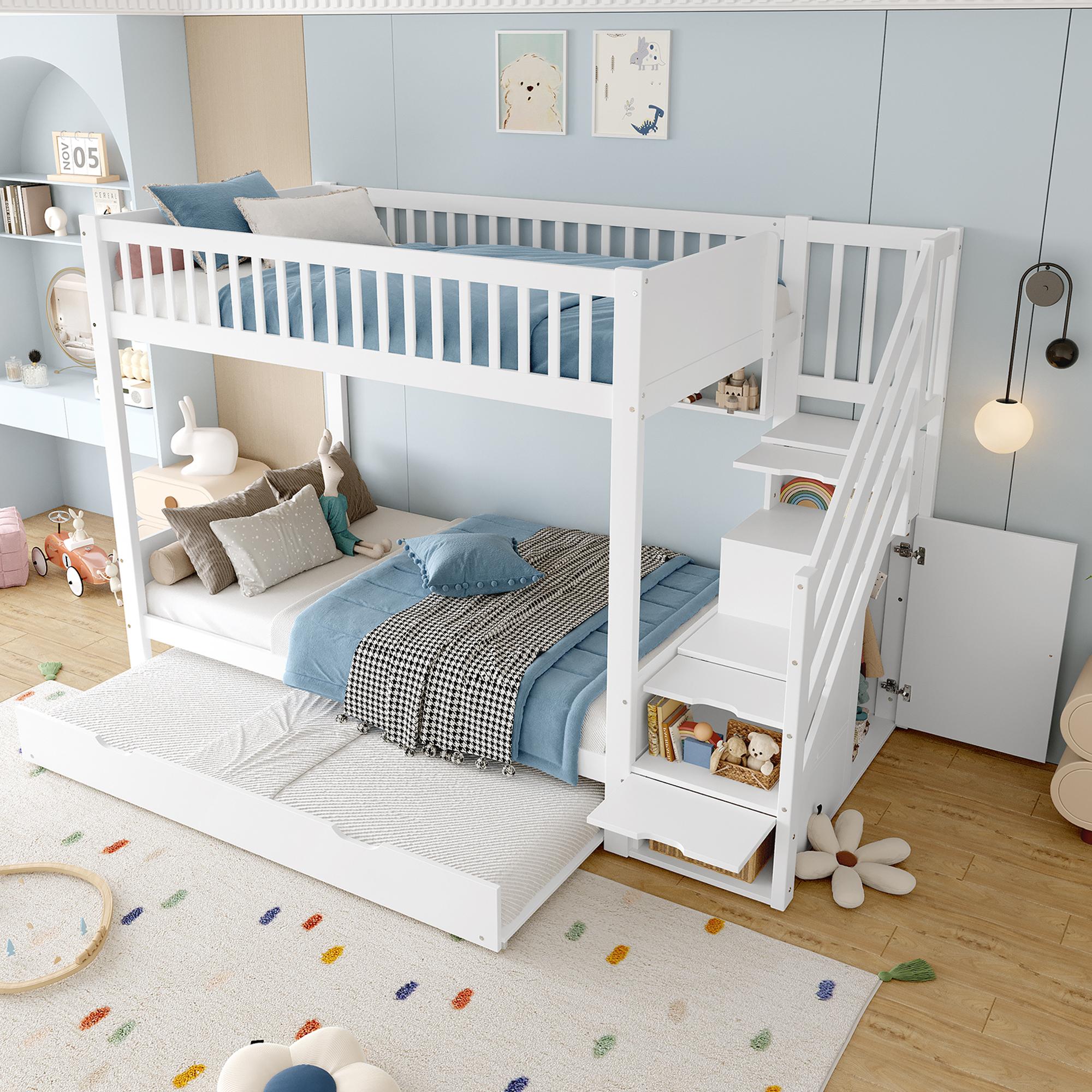 okwish Etagenbett mit Ausziehbett 90x200 Kinderbett mit Kleiderschrank,Bettgestell Holzbett mit Schublade und Staufach,Weiß (Ohne Matratze)