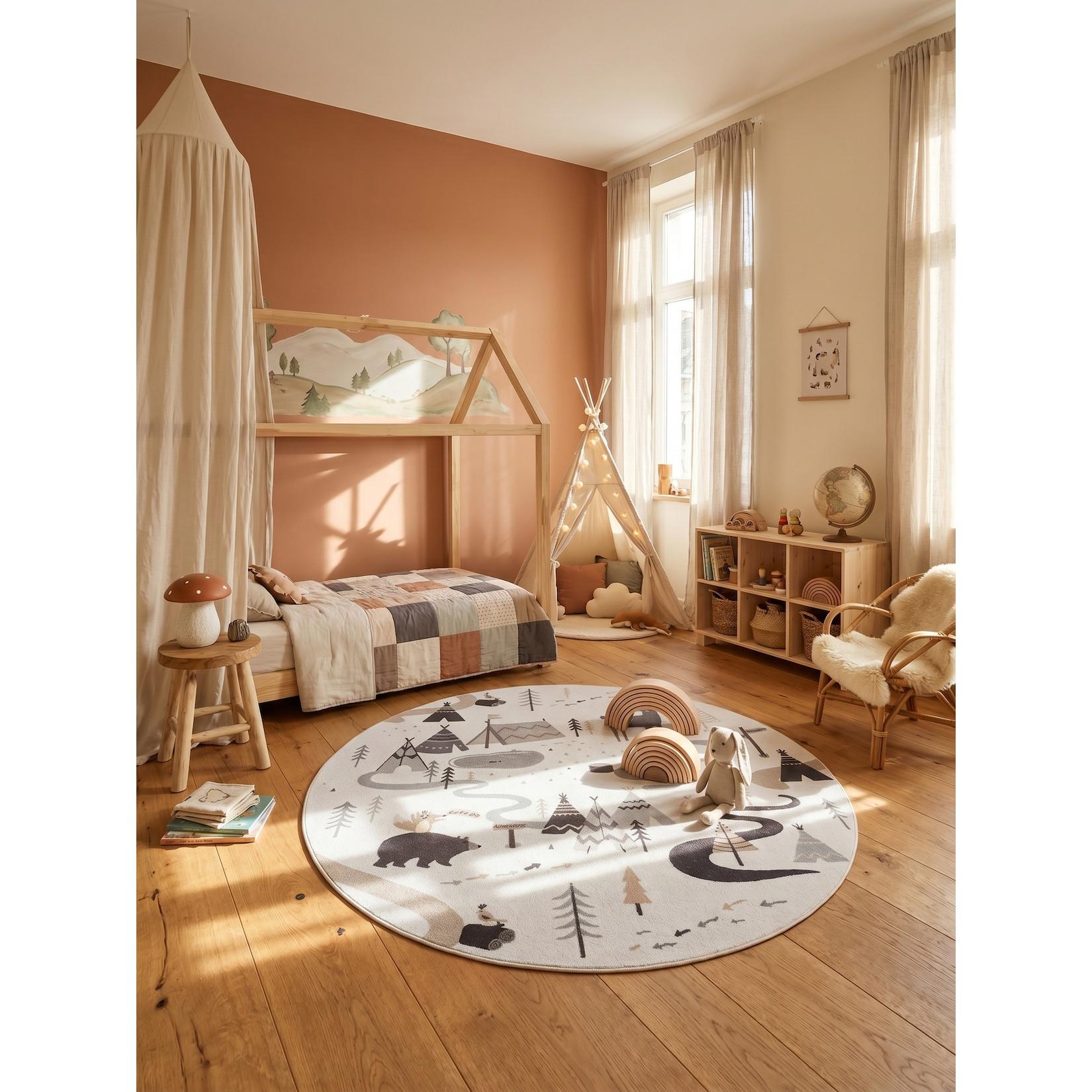 Kinderteppich Waldabenteuer mit Tieren Creme 200x200 cm Waschbar