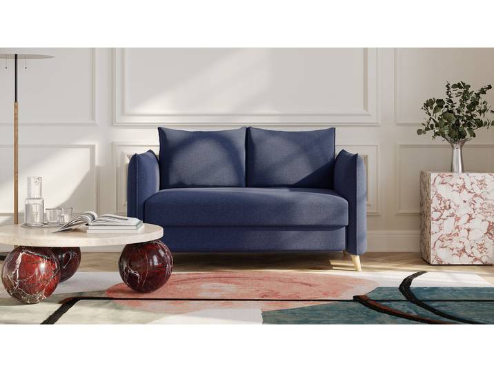 BRUNO Schlafsofa 120cm in Blau Pillow stabiles Massivholz & Boxspringkomfort