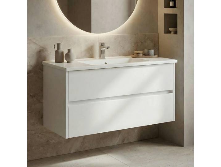 Meuble Vasque Suspendu 100 Cm Blanc 2 Tiroirs Naïa