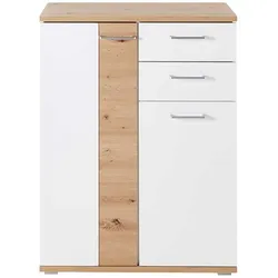 Schuh Schrank Kommode in Wildeichefarben und Weiß 106 cm hoch