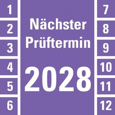 Dreifke® Prüfplakette Nächster Prüftermin 2028, violett, Dokumentenfolie, 30x30mm, 18 Stk.